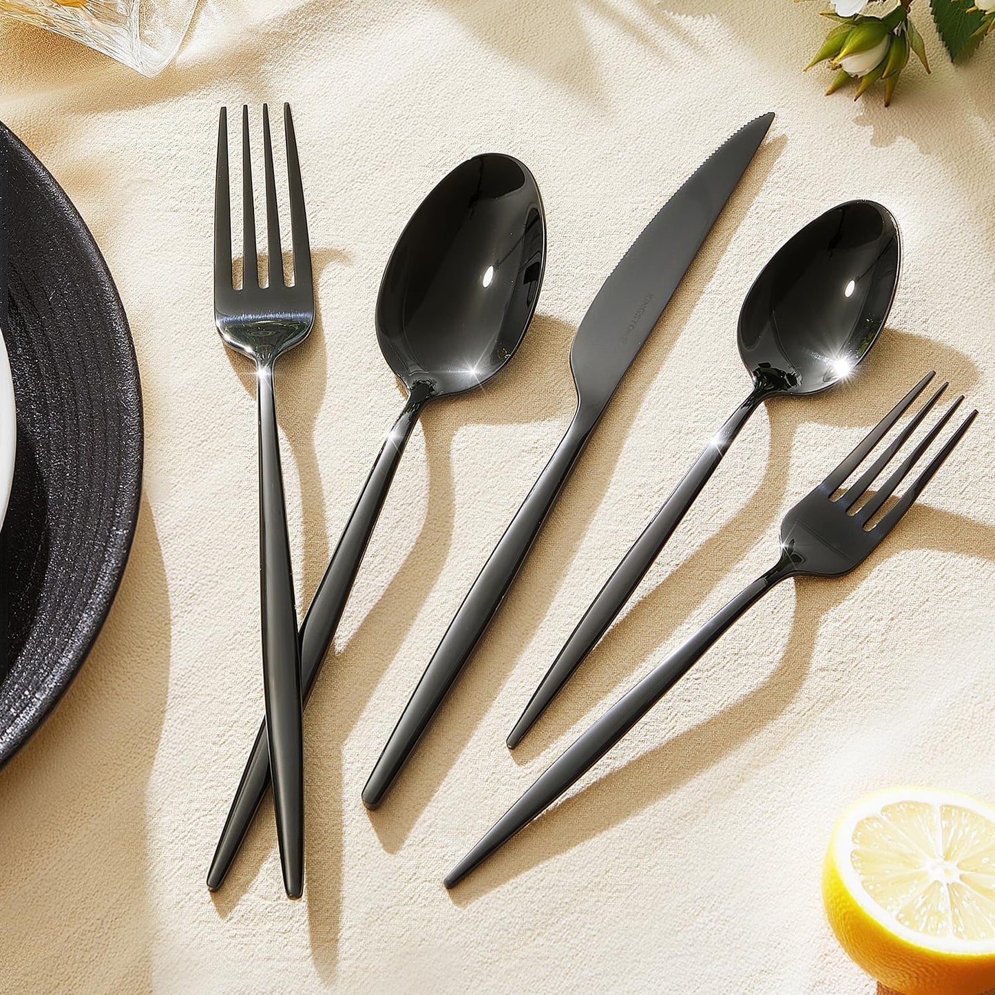 KINGSTONE Silverware Set, 20-Piece Flatware Set Cutlery Set Premium 18/10 Stainless Steel, Tableware Include Forks Knives Spoons for Home Kitchen Restaurant Wedding, Dishwasher Safe,Black