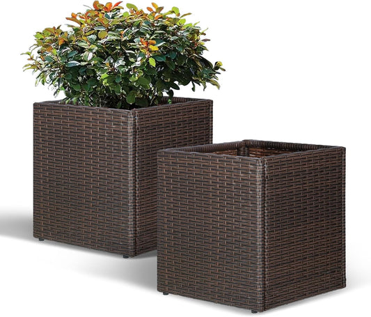SUNNYPARK Set of 2 Large Square Planter with Removable Liner, All-Weather PE Rattan Modern Planters Indoor Outdoor Flower Plant Pots Garden Box Patio Yard Front Porch Deck