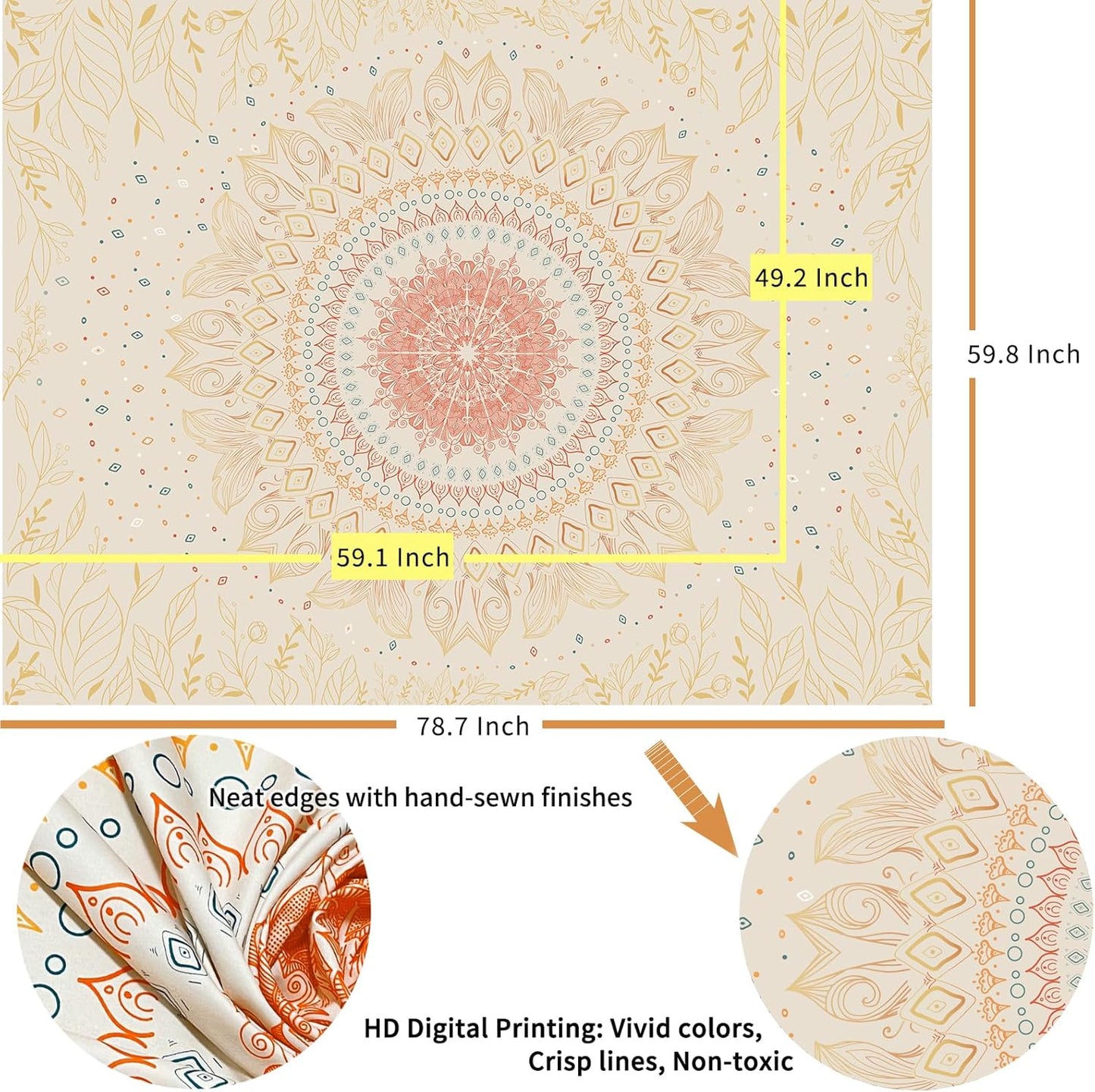 Damanse Floral Tapestry Wall Hanging Cute,Boho Wall Tapestry for Bedroom Aesthetic,Mandala Living Room Decor for Teen Girls (Yellow, 49.2"x59.1")