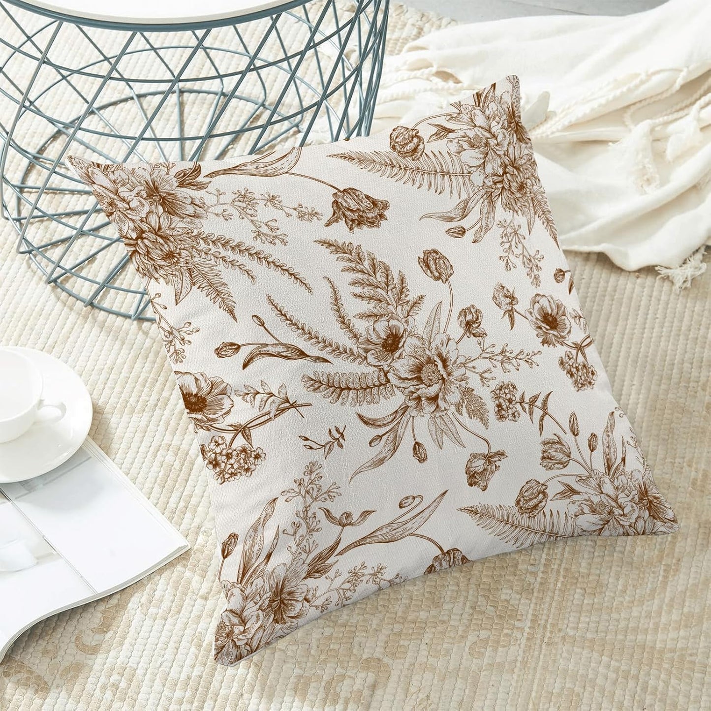 CXMEIFLY Spring Floral Leaves Pillow Covers 16 x 16 Inch Set of 2 for Chinoiserie Flowers Decor Throw Pillows Brown and White Seasonal Plant Outdoor Decorative Cushion Cases for Couch Bed Decorations