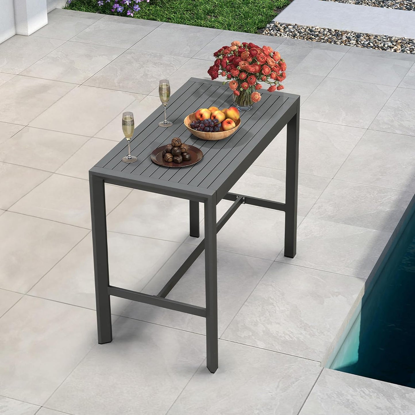 PURPLE LEAF 43.1'' Rectangle Outdoor Patio Bar Height Pub Table, Outside Aluminum Tall Kitchen Bar Table with Sturdy Legs for Bar Stool, Indoor and Outdoor, Garden, Grey