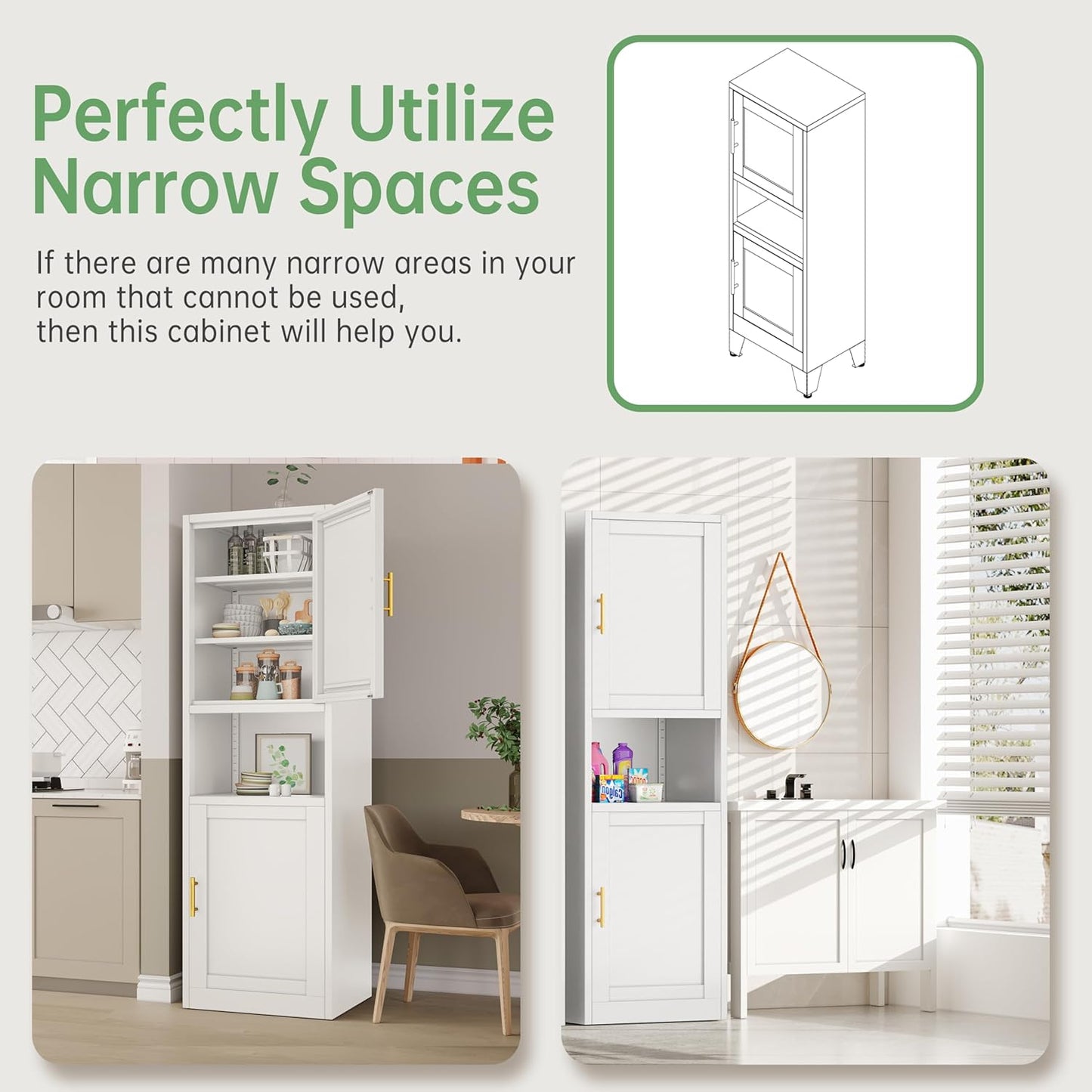 Tall Narrow Storage Cabinet 66.93" H Tall Bathroom Cabinets Metal Pantry Cabinet, 4 Adjustable Shelves for Kitchen, Home Office, Living Room, Dinning Room (16 inches Wide White)