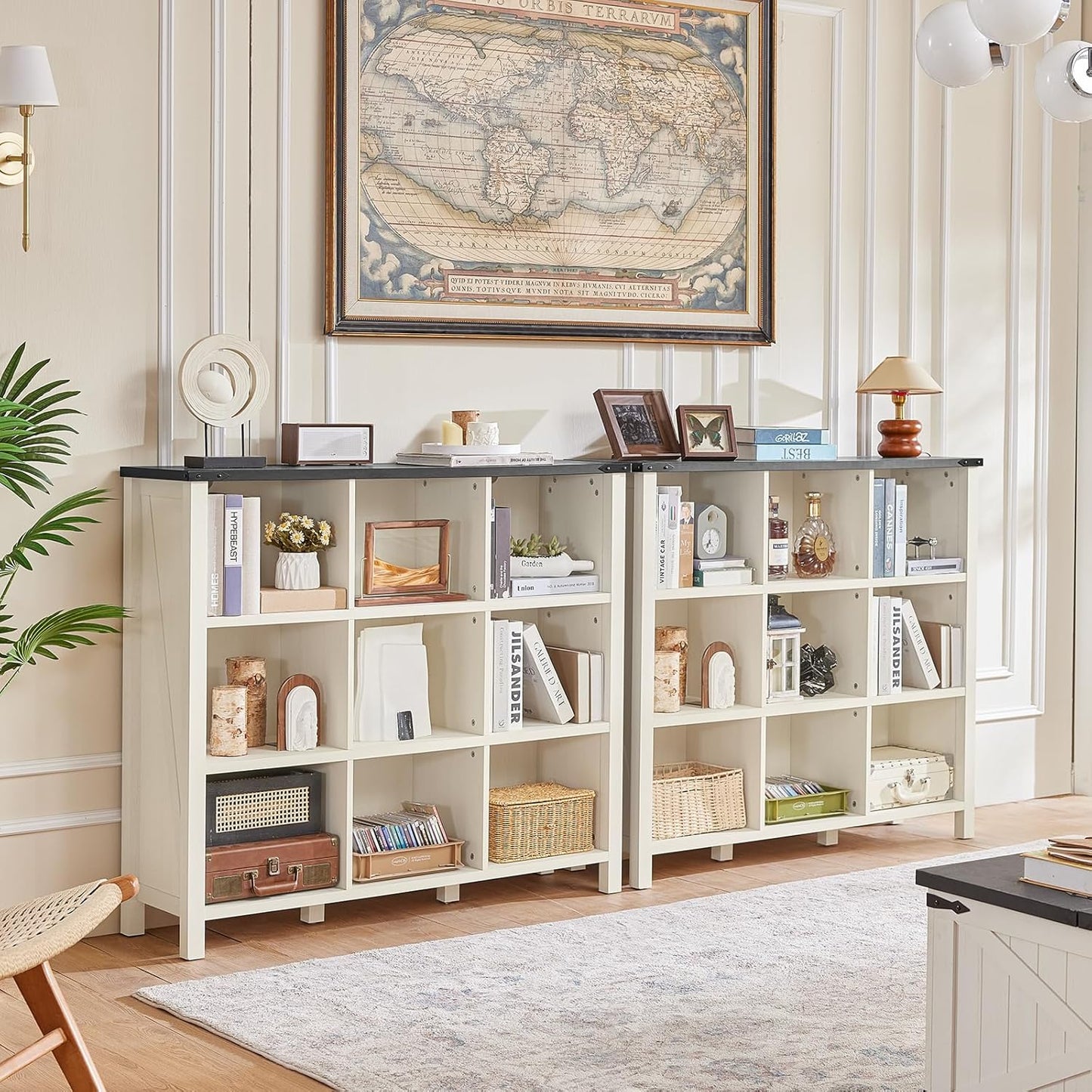 9 Cube Bookcase, Farmhouse 47 Inch Wide White Bookshelf, Wooden 3 Tier Display Large Open Book Shelf, Vintage Horizontal Book Case for Home Office, Cubby Storage Cabinet for Living Room