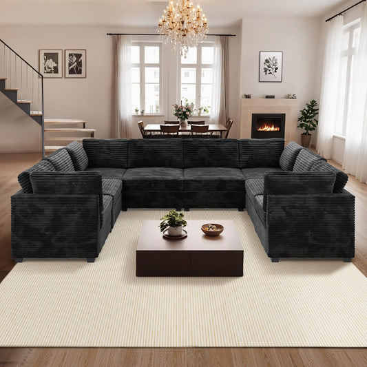 ovios Sectional Sofa Couch with U-Shape Chaise Oversized, Comfy Modular Cloud Couches with Deep Seat, Modern Upholstered Plush Corduroy Sofas Set for Living Room, 8-Seater, Black