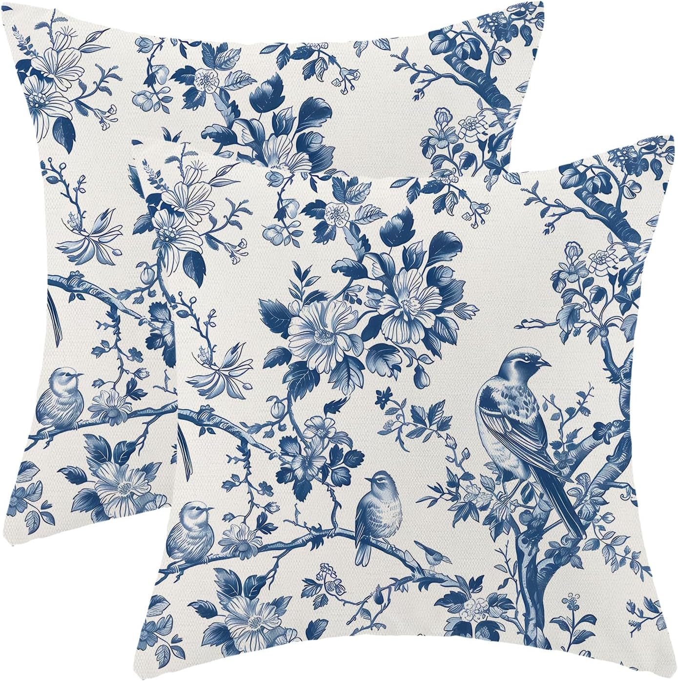 Navy Blue Spring Floral Pillow Covers 18 x 18 Inch Set of 2 for Vintage Chinoiserie Flowers Bird Decor Throw Pillows Plant Farmhouse Outdoor Decorative Cushion Cases for Couch Bed Decorations