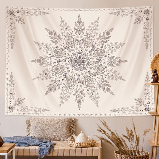 Lunerfex Boho Floral Tapestry Mandala Wall Tapestry, Cute Tapestries for Bedroom Beige Flower Tapestries Wall Hanging for Bedroom Living Room Decor Beige-2 60"x80"