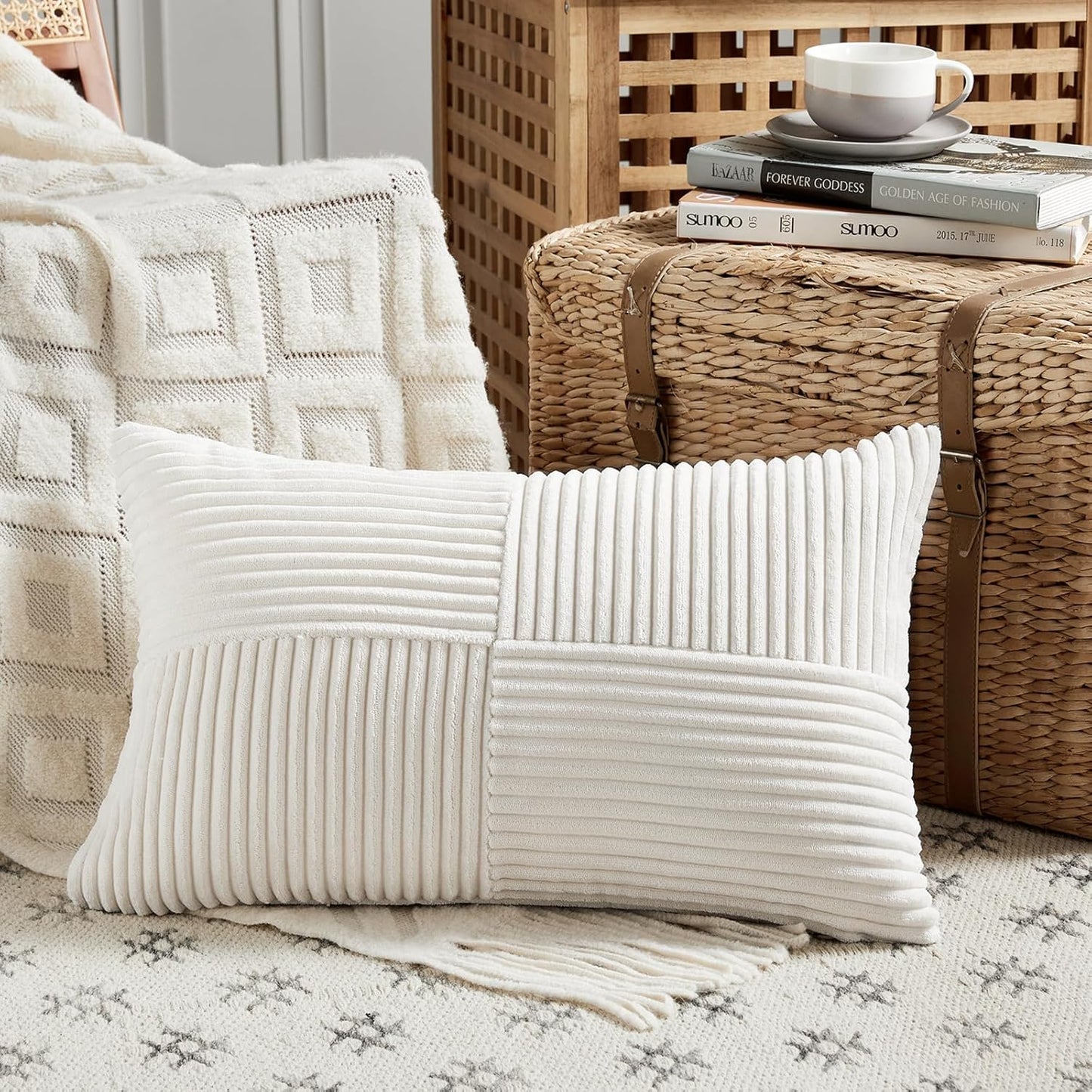 Fancy Homi 2 Packs Cream White Lumbar Decorative Throw Pillow Covers 14x24 Inch for Couch Bed Sofa, Rustic Farmhouse Boho Home Decor, Soft Striped Corduroy Rectangle Accent Cushion Case 35x60 cm