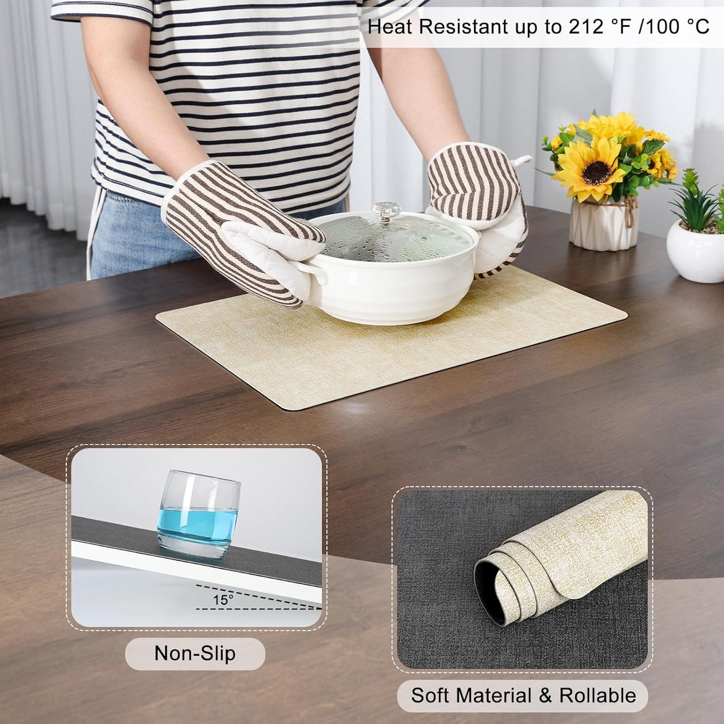 Myir JUN Dual Sided Faux Leather Placemats Set of 6 Indoor/Outdoor Square Non-Slip Washable Table Mats (Gray Cream-White)