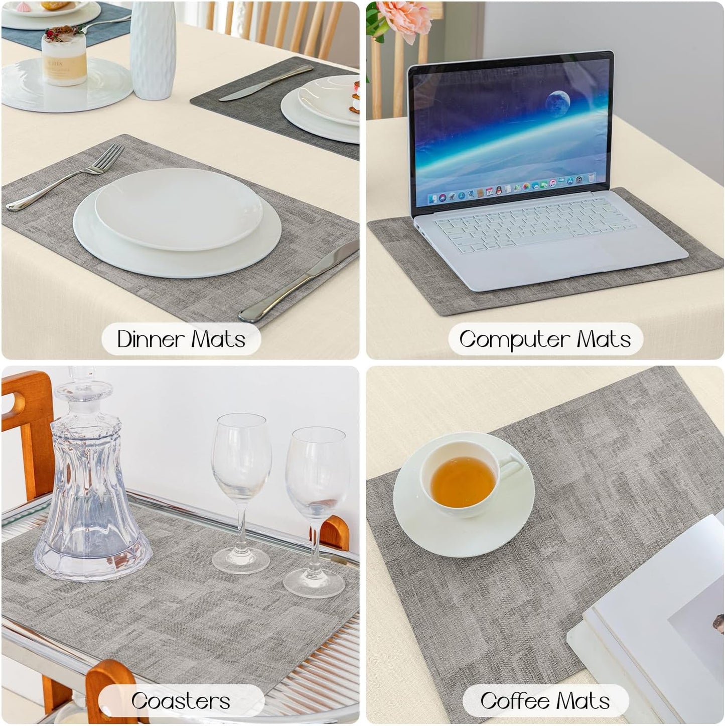 Romanstile Reversible Vinyl Placemats Set of 6, Faux Leather 100% Waterproof Oil-proof Wipeable Place Mats, Heat Resistant Dual Sided Table Mats for Kitchen/Dining/Party (Grey Nave Blue, 12 x 17 Inch)