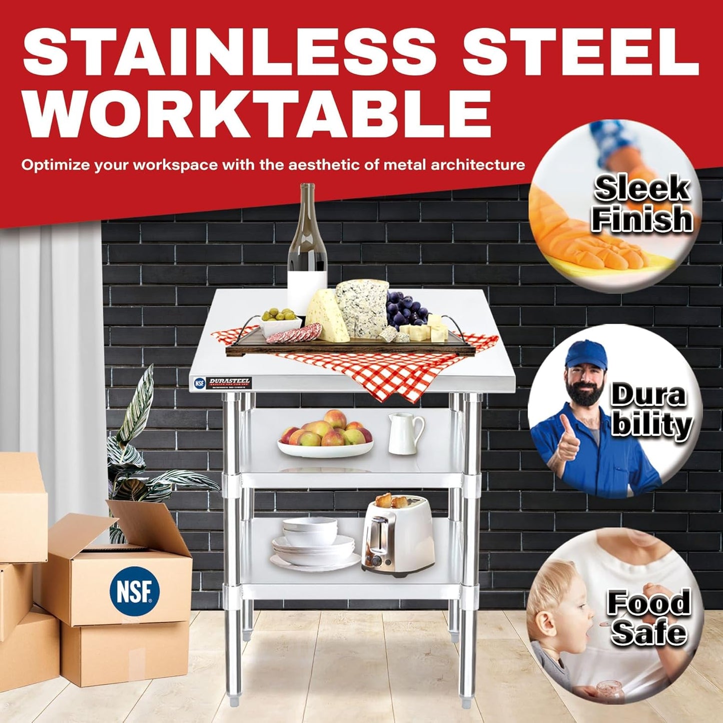 DuraSteel Food Prep Stainless Steel Table - 30 x 30 Inch Commercial Metal Workbench with Adjustable Under Shelf - NSF Certified - for Restaurant, Warehouse, Home, Kitchen, Garage