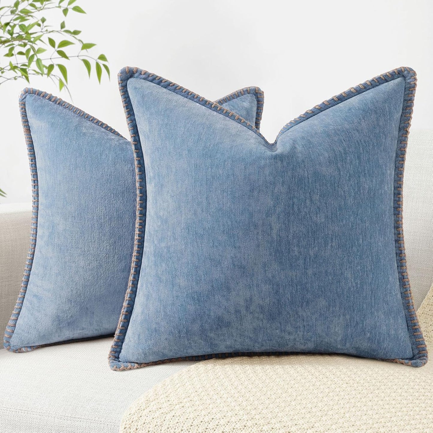 decorUhome Chenille Soft Throw Pillow Covers 26x26 Set of 2, Farmhouse Velvet Neutral Decorative Euro Pillow Covers with Stitched Edge for Couch Sofa Bed Home Decor, Blue