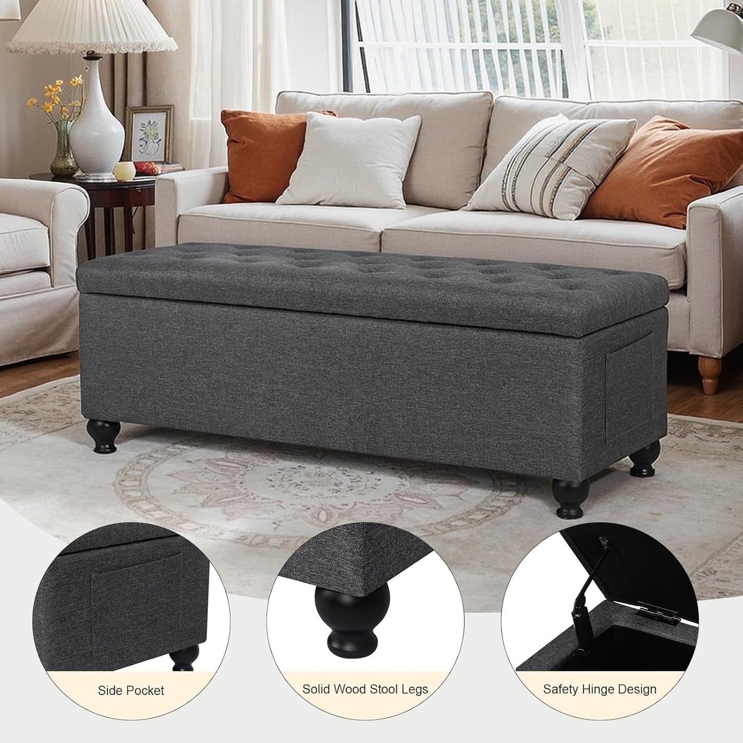Storage Ottoman Bench 46 Inch Ottoman Bench with Storage Fabric Tufted Benches for End of Bed, Upholstered Ottomans Benches King Size with Hinged Lid for Living Room Bedroom Dark Grey