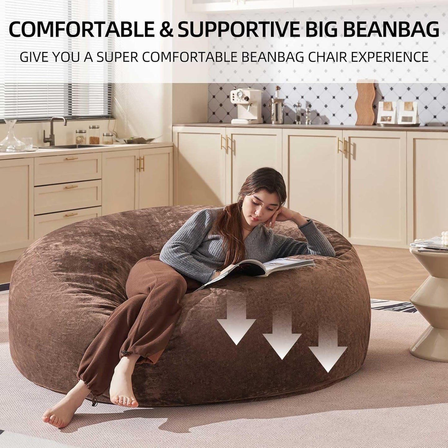 Bean Bag Chair 5Ft, Memory Foam Filled, Large Beanbag Chairs for Adults and Teens, Soft Sofa with Removable Flannel Cover, Round Couch for Living Room Bedroom College Dorm (Coffee, 5FT-60×60"×24")