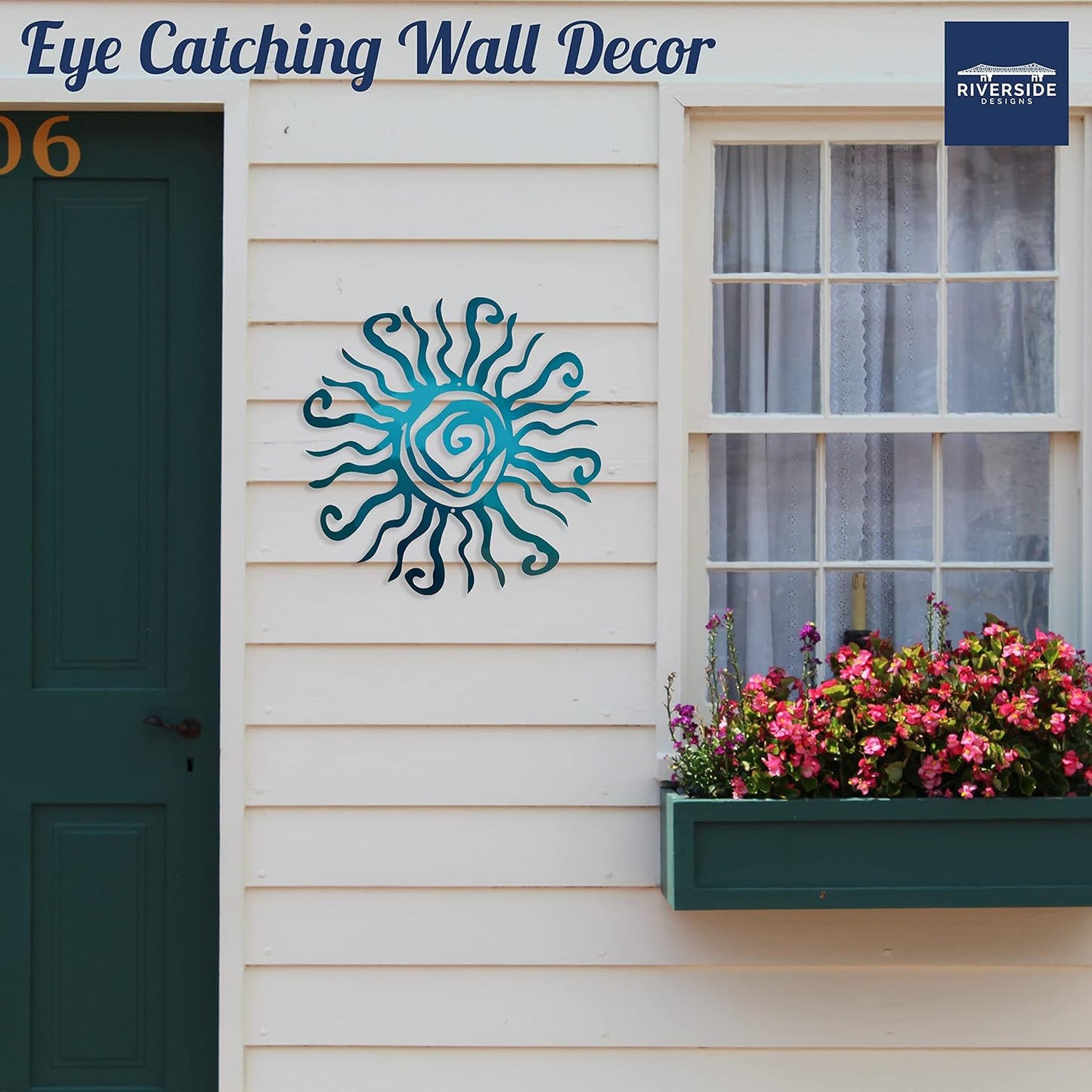 Riverside Designs Wacky Sun Metal Wall Art Indoor/Outdoor Decor - 24" Teal Rust Proof Wall Sculpture - Made in USA - Ideal for Bedroom, Garden, Home, Patio and Farmhouse