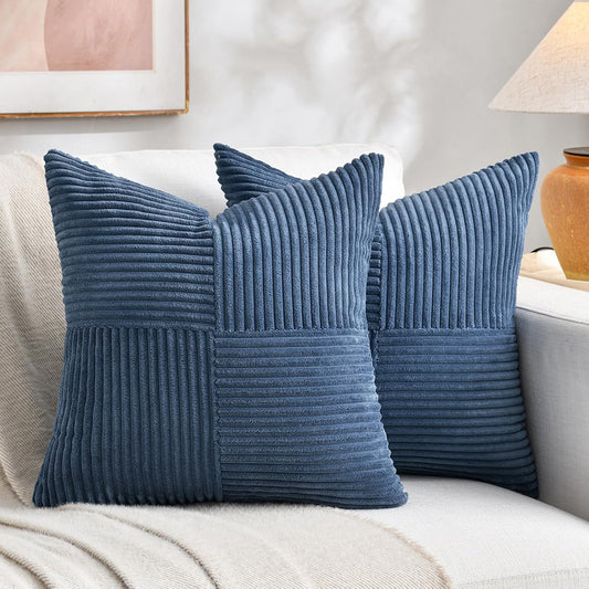 Fancy Homi 2 Packs Dusty Blue Samll Decorative Throw Pillow Covers 12x12 Inch with for Couch Bed Sofa, Rustic Farmhouse Boho Home Decor, Soft Patchwork Corduroy Textured Square Cushion Case 30x30 cm