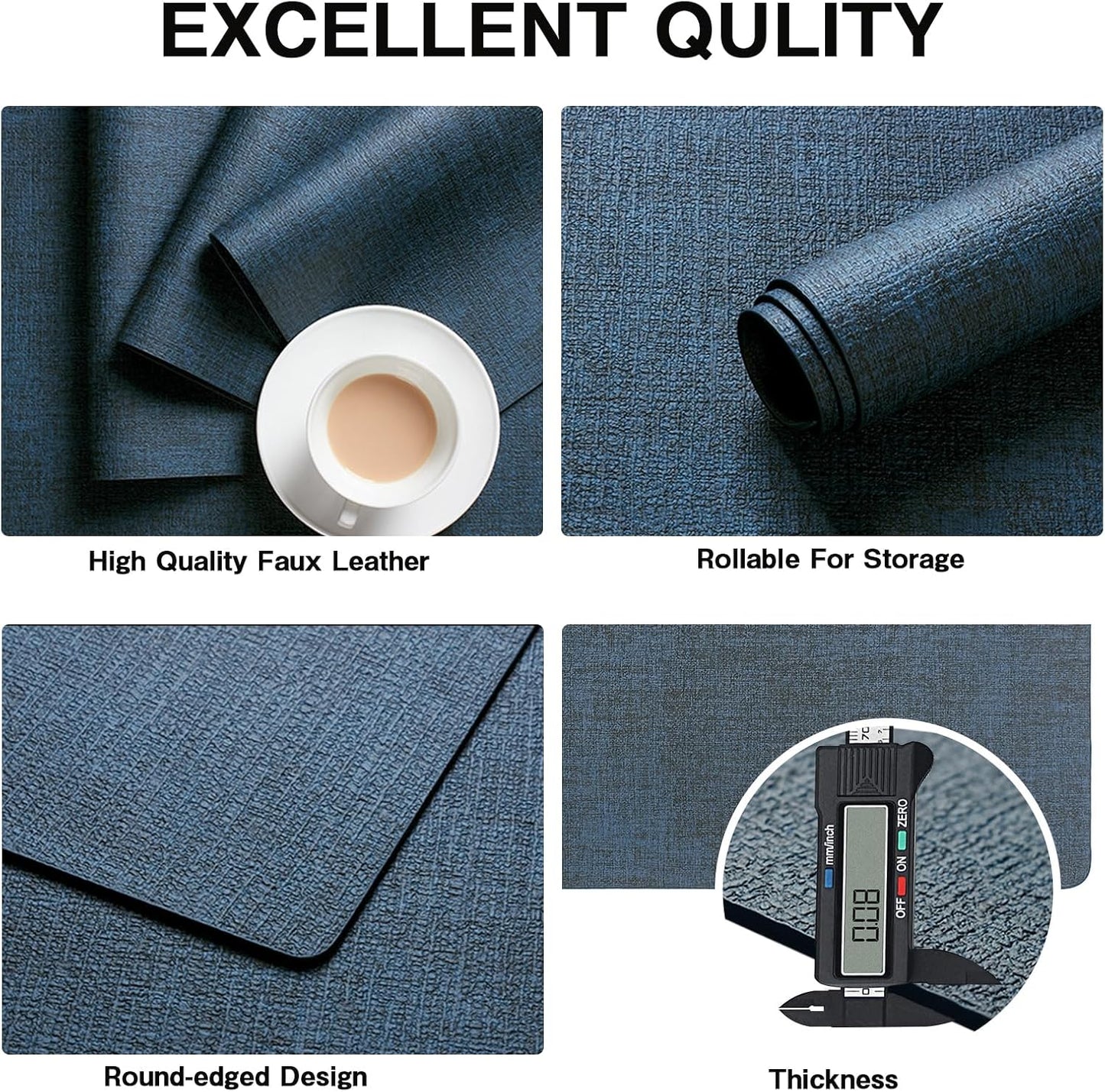 Chrysameld Vinyl Placemats Set of 6 - Faux Leather 100% Waterproof Oil-Proof Wipeable PU Place Mats, Heat Resistant Anti Slip Reversible Table Mats for Indoor & Outdoor Use,(17×12Inch, Navy Blue)