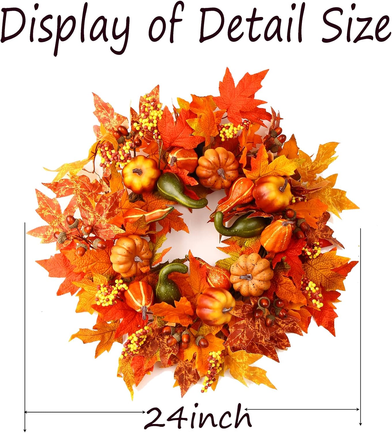 24 Inch Fall Wreaths for Front Door, Fall Decorations for Home,Fall Wreath,Autumn Wreath with Pumpkins Berries Maple Leaves for Thanksgiving Halloween Decorations Indoor Outdoor Outside Fall Decor