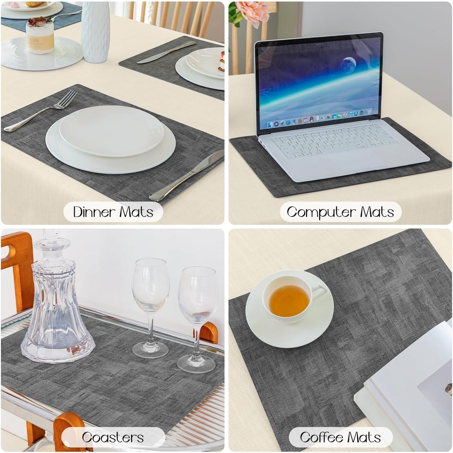 Romanstile Reversible Vinyl Placemats Set of 6, Faux Leather 100% Waterproof Oil-Proof Wipeable Place Mats, Heat Resistant Dual Sided Table Mats for Kitchen/Dining/Party (Dark Gray, 12 x 17 Inch)