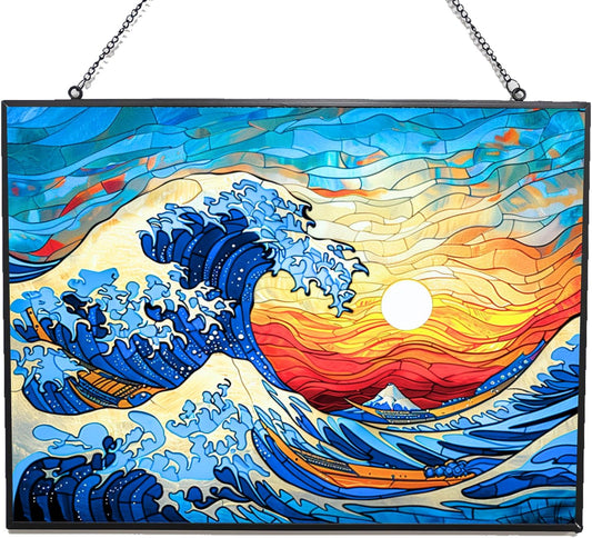 Rectangle Ocean Wave Stained Glass Suncatcher 4 Season Colorful Window Wall Ornament Hand-Painted Glass Panel Decor Gift for Women Christmas Thanksgiving Gift 15"x11"
