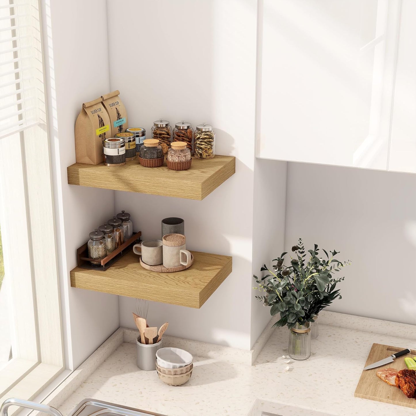 12 Inch Deep Floating Shelves, 16 x 12 Floating Shelf for Books, Rustic Wood Deep Wall Shelves for Home Storage & Display, 2" Thicked Shelves for Kitchen, Living Room, Bedroom, Oak Color, 2 Pack