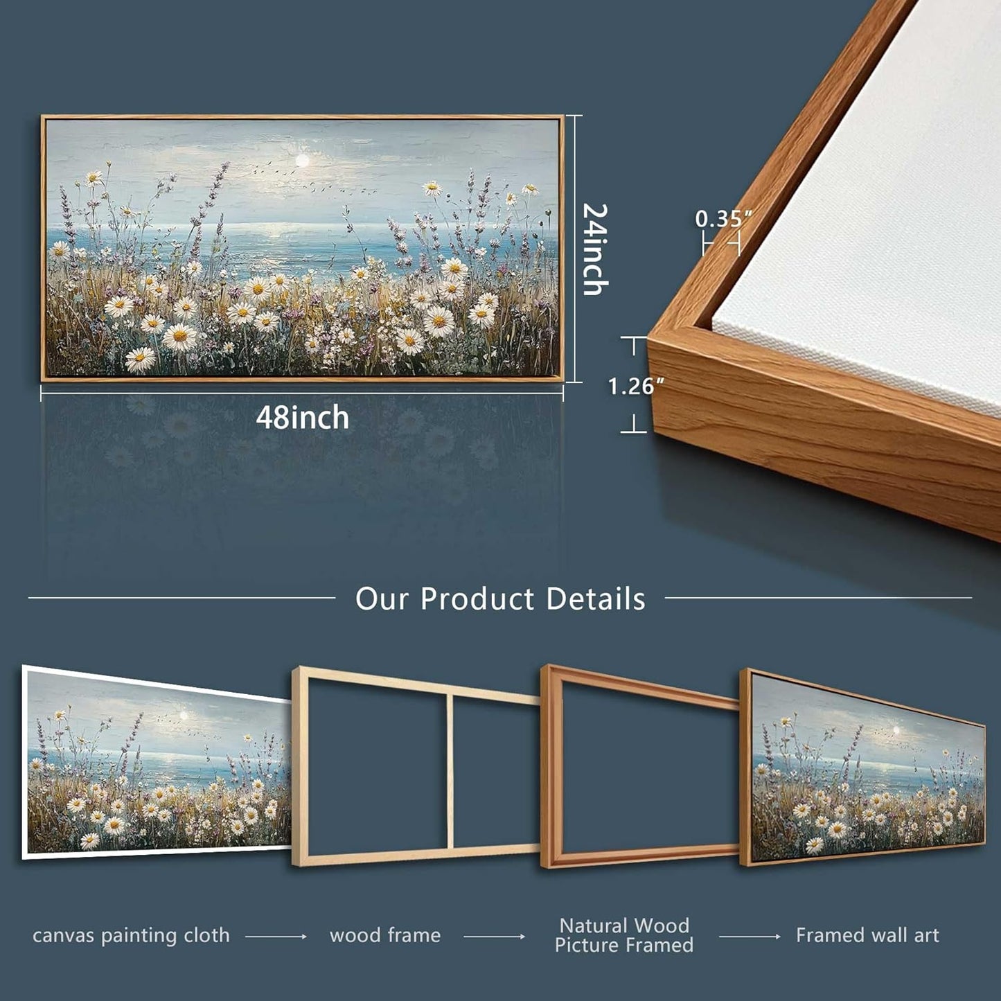 PHAOHUAXM Large Canvas Wall Decoration For Living Room Wall Art For Bedroom Office Decorations Blue Ocean Paintings Flowers Watercolour Wall Pictures Canvas Artworks Home Decor Wood Framed 24x48 In