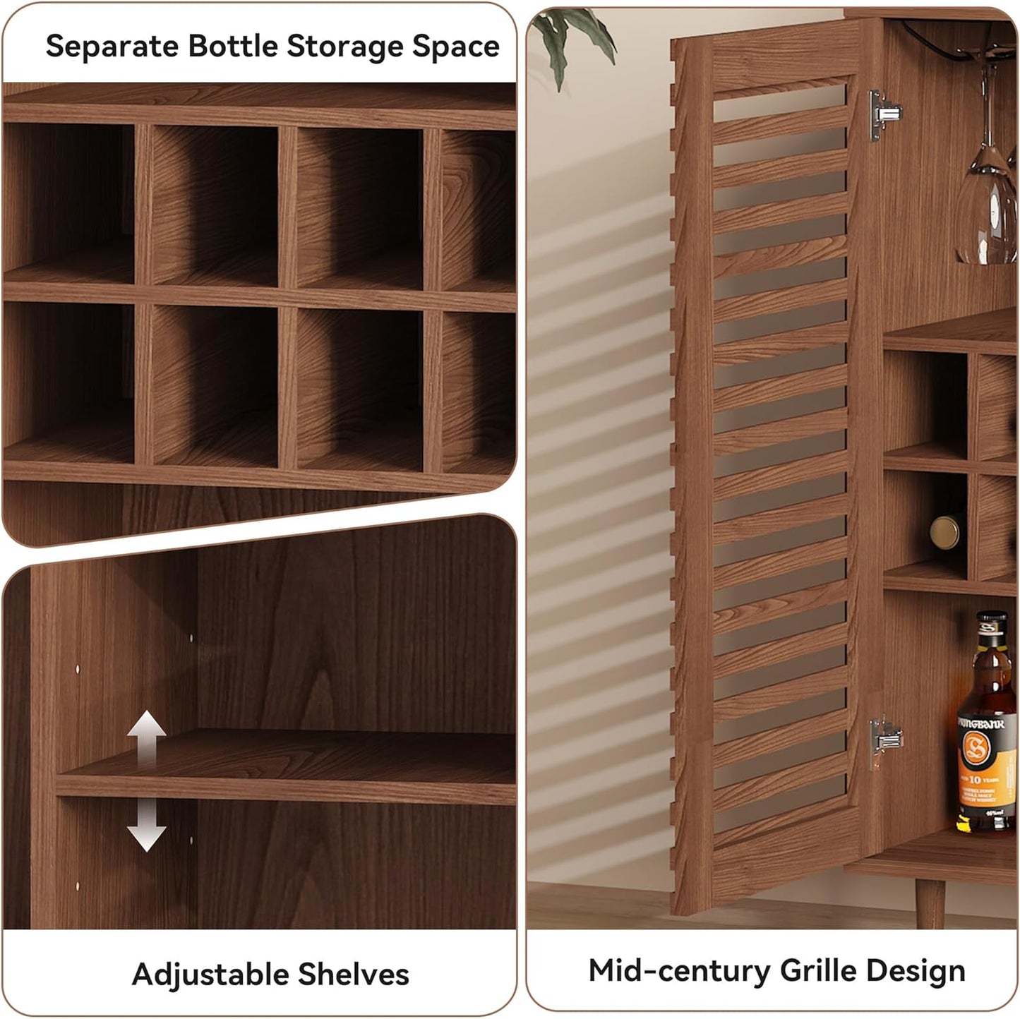 Mid Century Bar Cabinet with Wine Racks, Modern Liquor Cabinet with Slatted Doors for Dining Room, Living Room (Walnut Color)