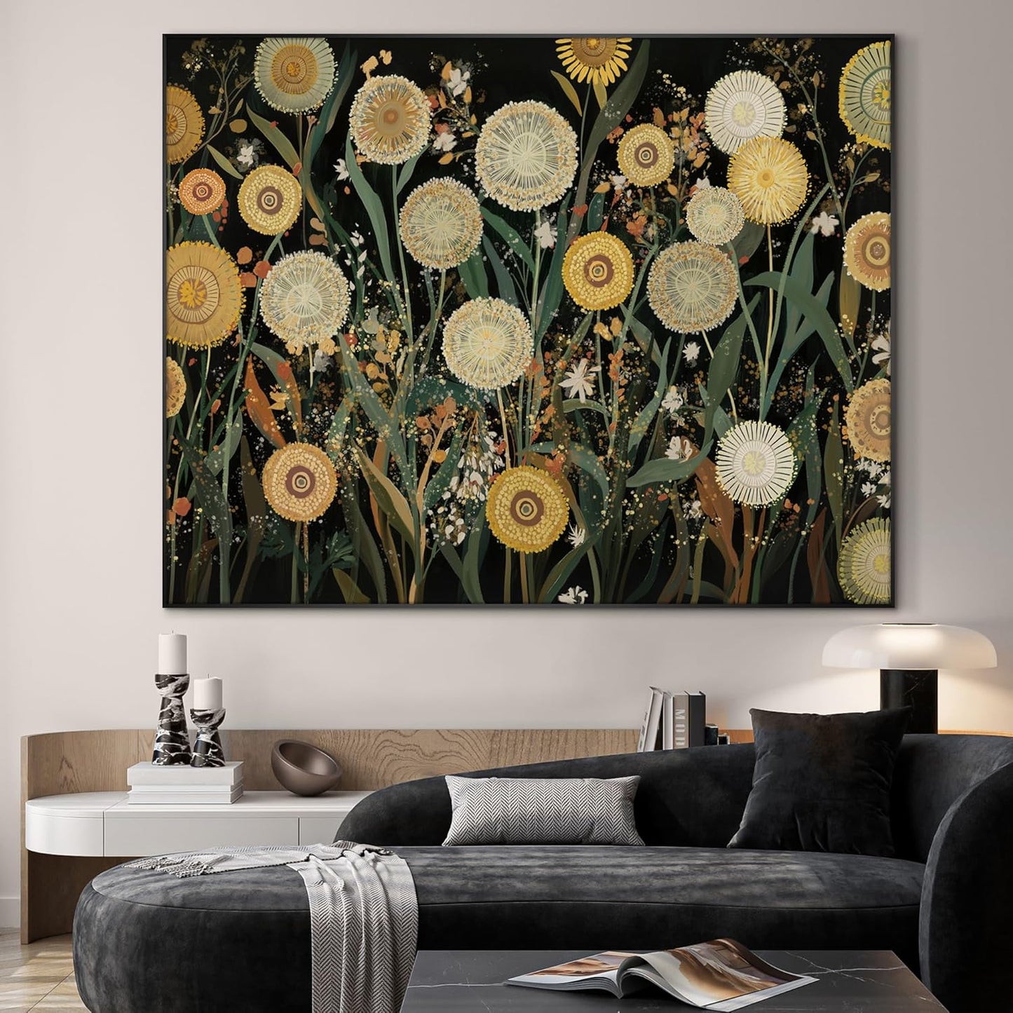 SIGNWIN 36"x46" Extra Large Framed Wall Art Whimsical Dandelion Field in Yellow and Green, Playful Botanical Print for Home Living Room Bedroom Decor (Frame Assembly Required)