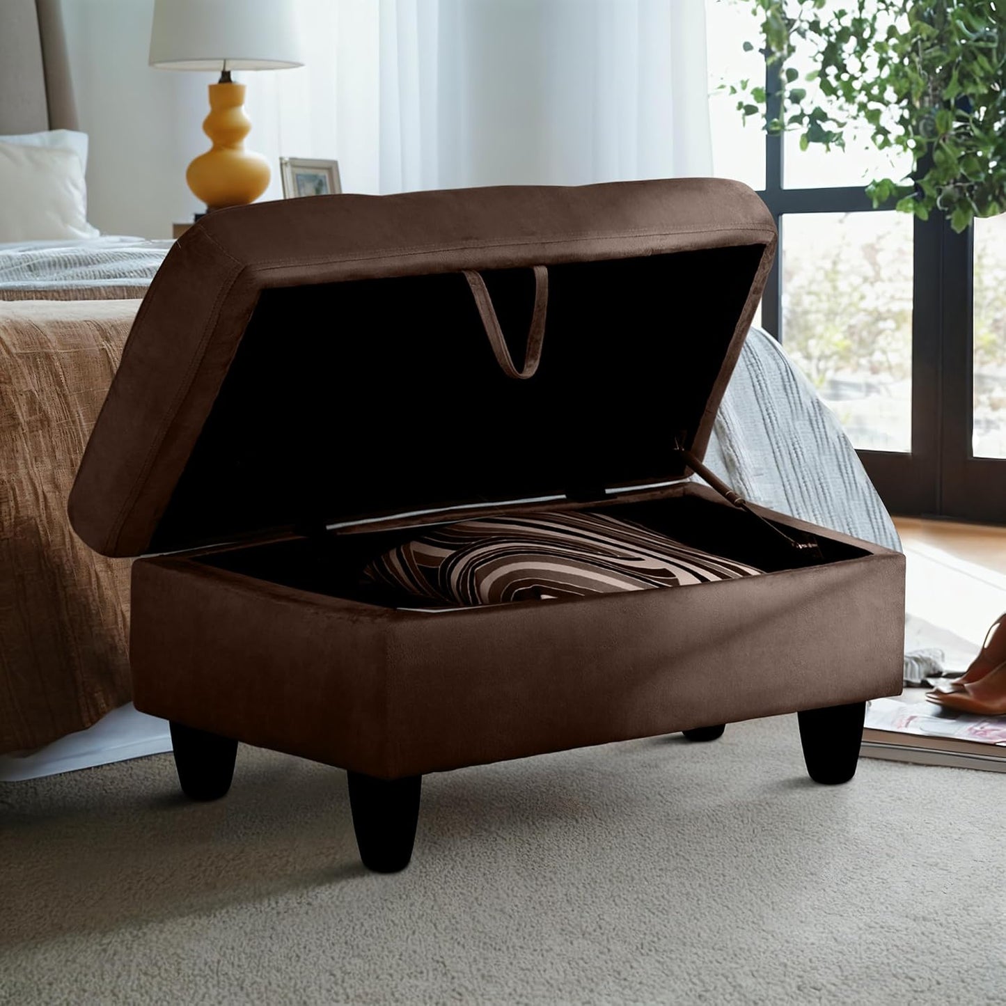 Ottoman Rectangular Storage Ottoman Bench, Flannel Footrest Stool Footstool with Lid for Living Room, Bedroom, Entryway, Chocolate, 28.5"x19"x17.5"