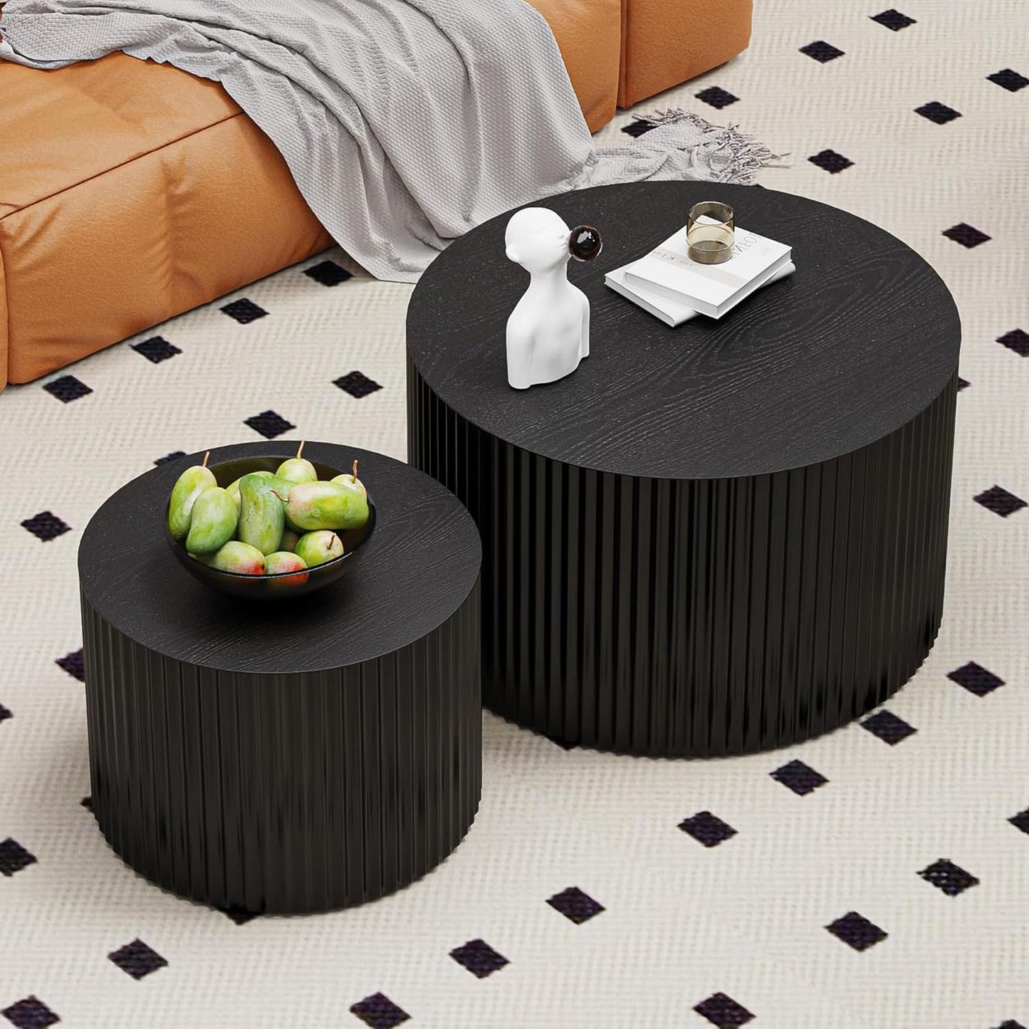 Round Nesting Coffee Table Wood Drum Nesting Tables Modern Stacking Coffee Table Set of 2 Fluted Center Table End Table for Living Room Home Office Small Spaces, No Assembling (Black Large)