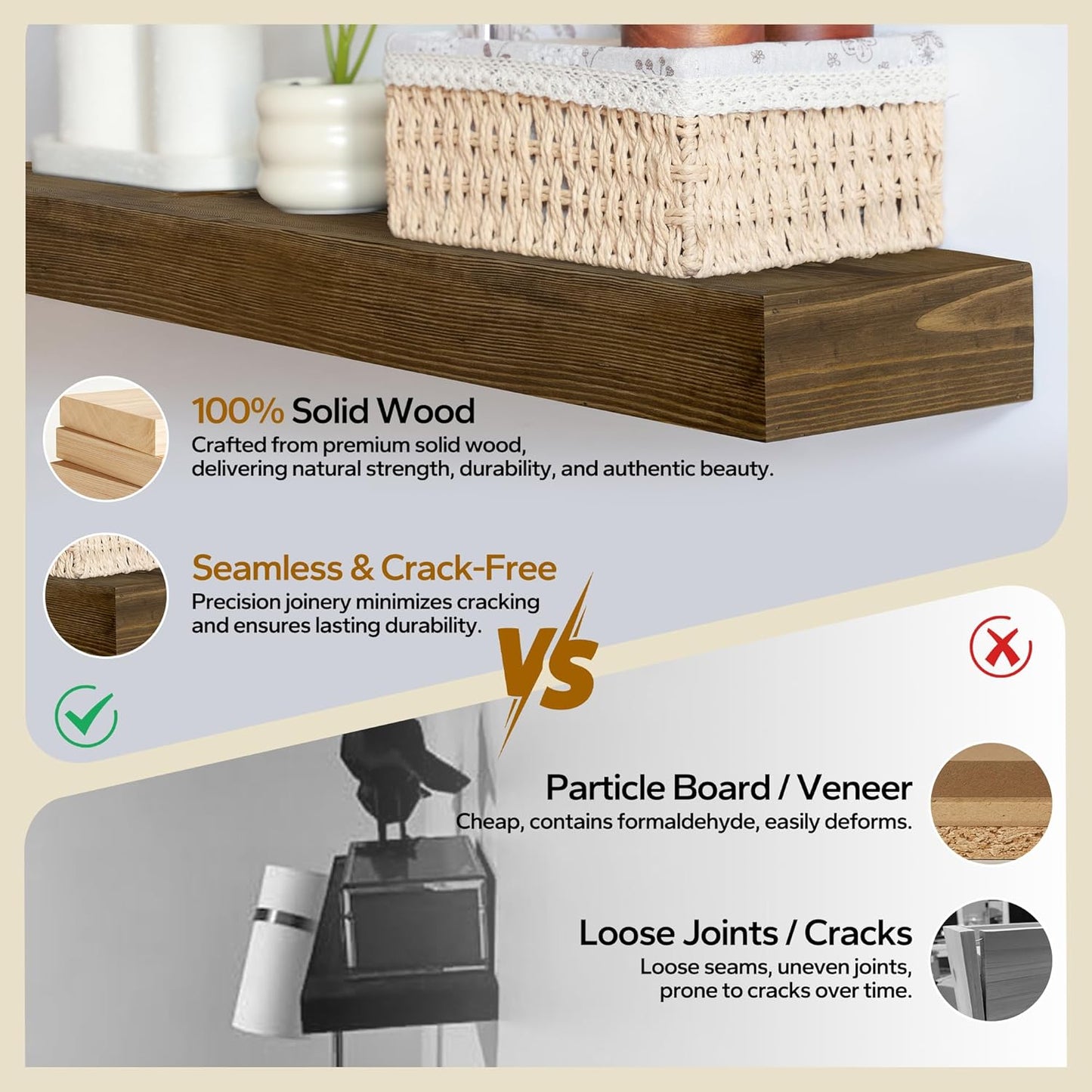 Floating Shelves 3 inch Thick for Wall Set of 2,Solid Pine Wood Wall Mount Shelf for Kitchen Living Room Bedroom Bathroom,8" D x 48" L x 3" H-Black Walnut