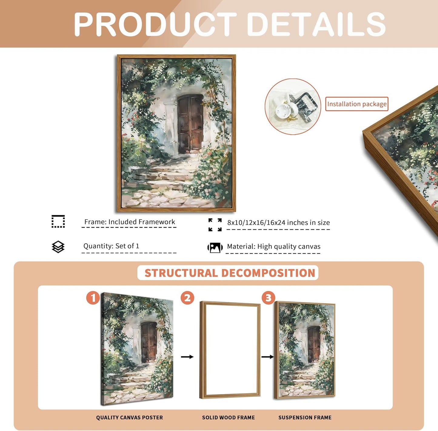 Floating Framed Canvas Vintage Wall Art, Rustic Cottage Spring Garden Oil Paintings Print, Country Floral Pictures Wall Decor for Living Room Bedroom Office Home Decor 12x16 inch