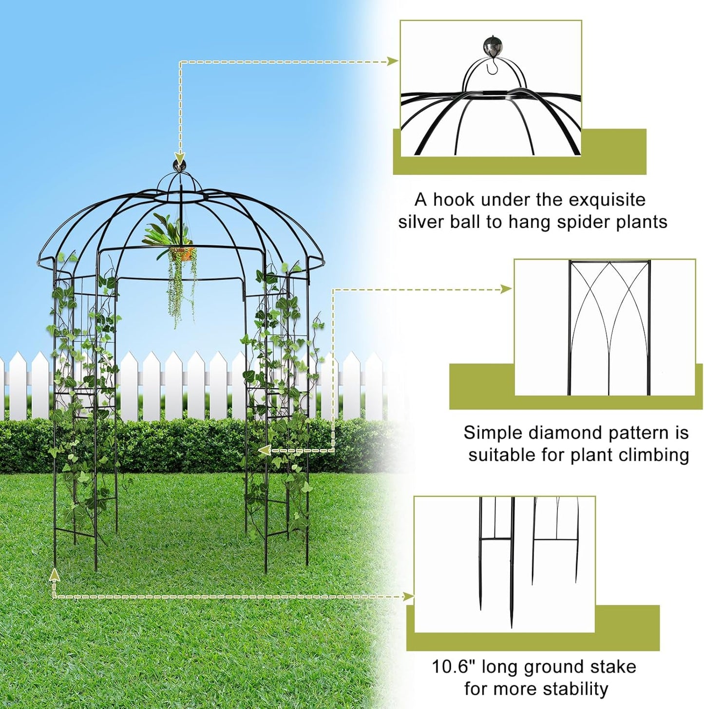 Outvita Garden Arch Arbor, Heavy Duty Metal Pergola Pavilion Trellis Birdcage Gazebo French Style 9ftx6.8ft Plants Support Use for Outdoor Climbing Plants Patio Decoration Wedding Arches Ceremony