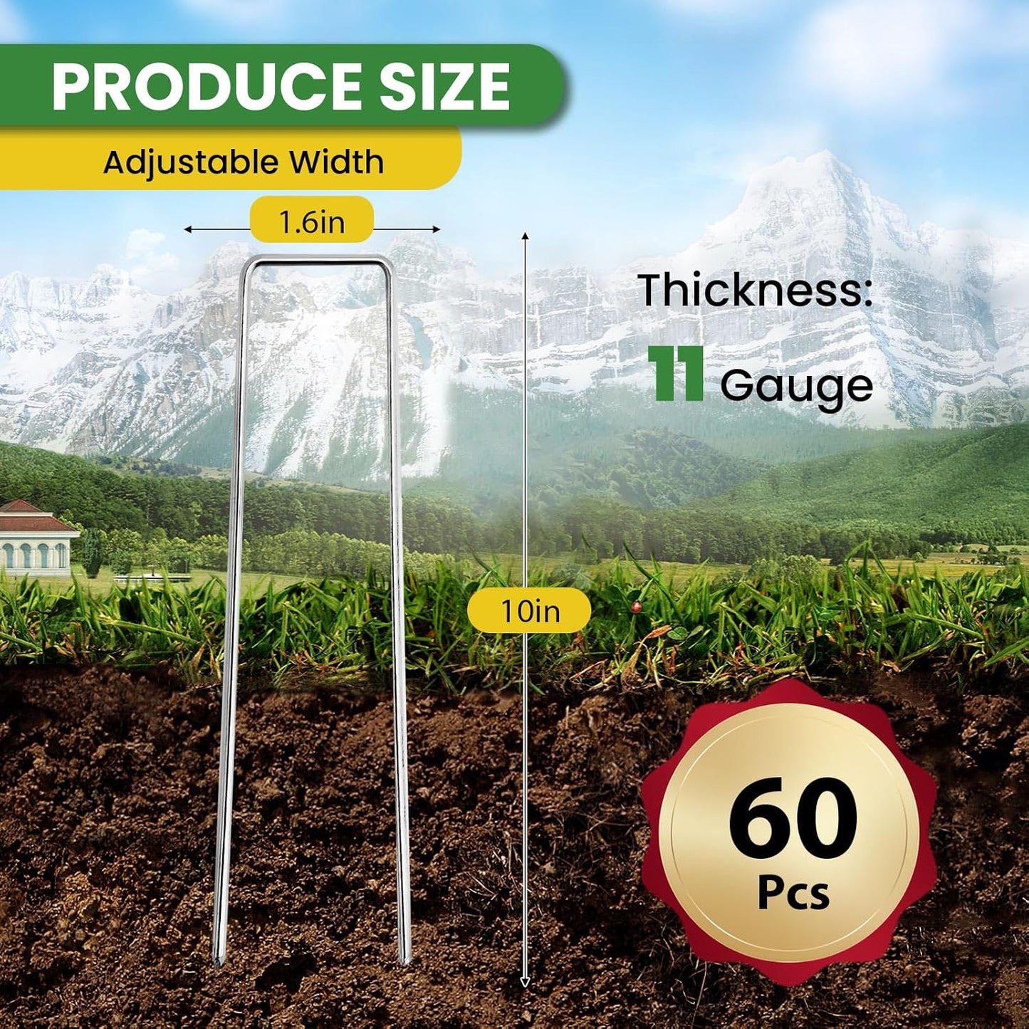 Landscape Staples Galvanized 10 Inch 60 Pcs, Metal Garden Stakes 1.6 Inch, Garden Staples for Weed Barrier Lawn 11 Gauge