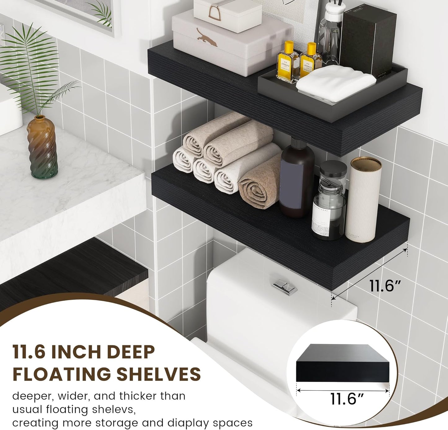 Deep Floating Shelves for Wall, 24W x 12D Black Floating Shelves Set of 2, 12'' Deep Large Wood Shelves for Living Room Bathroom Laundry Room Bedroom Kitchen Home Office - Black