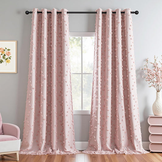 MYSKY HOME 100% Blackout Curtains for Girls Bedroom 95 Inch Long Total Room Darkening Curtain for Living Room 2 Panels Grommet Light Blocking Sliding Door Drapes Blush Pink Pom Pom Sheer 52 x 95 Inch