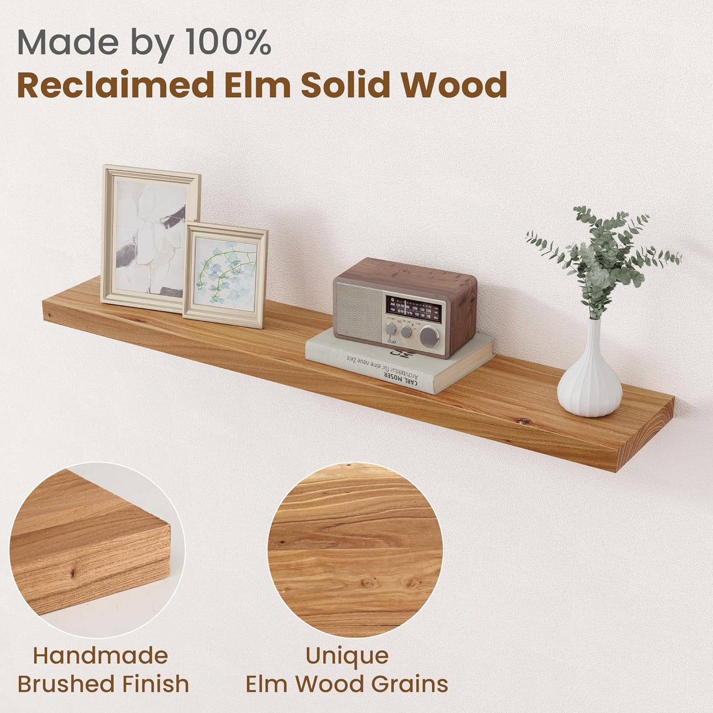 Floating Shelves for Wall Decor, 8" Deep Rustic Solid Elm Wood Floating Shelves Wall Mounted, Wall Shelves with Invisible Bracket for Living Room Bathroom Bedroom Kitchen, 40 Inch Set of 1, Natural