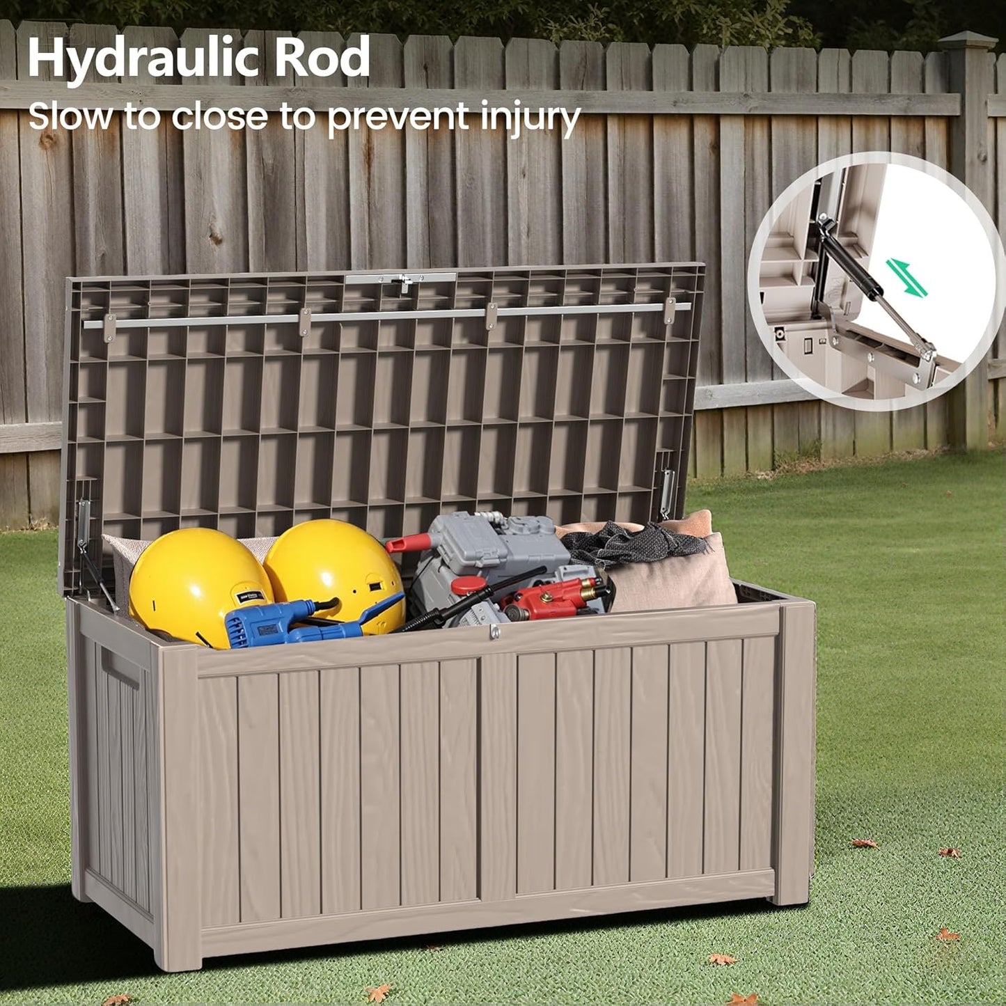 120 Gallon Outdoor Storage Box - Waterproof Resin Deck Box with Stainless Steel Rods - Lockable & UV Resistant Storage Bin for Patio Cushions & Garden Tools - Stylish Grey Design