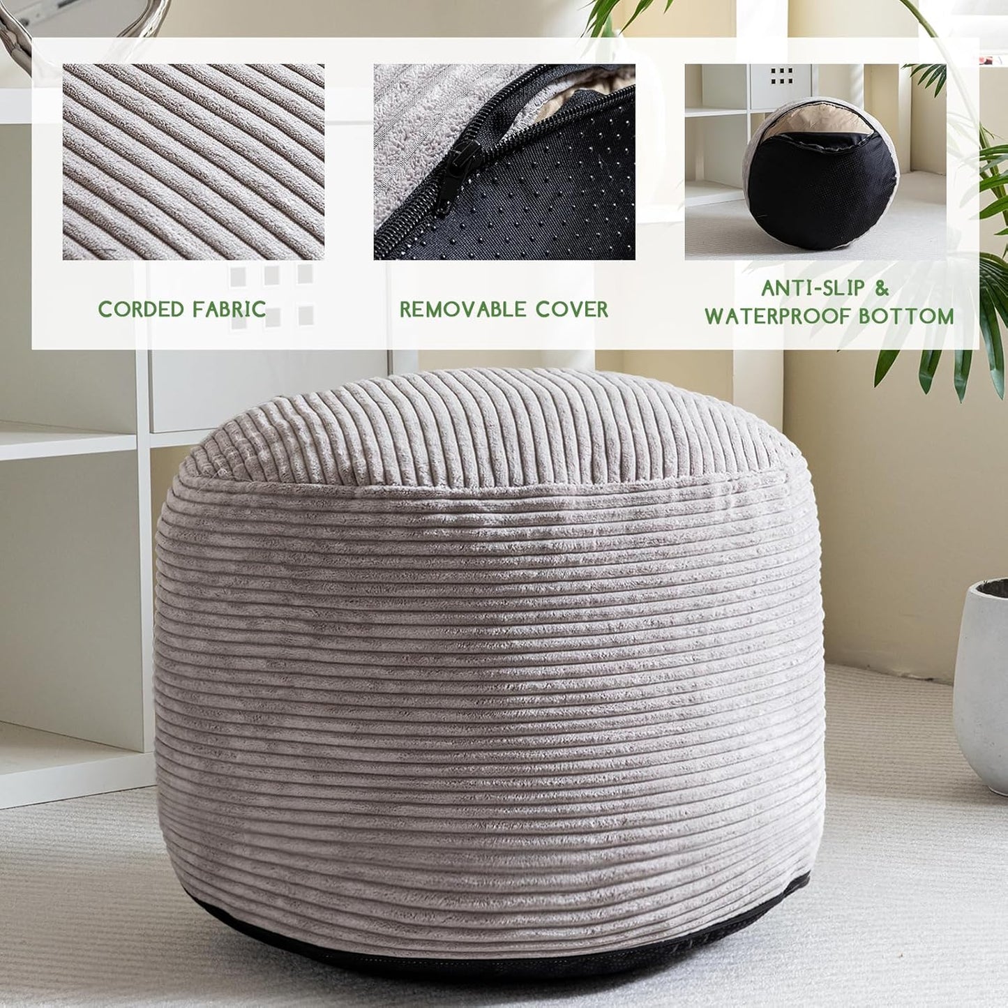 HIGOGOGO Round Stuffed Pouf Ottoman, Corduroy Poufs with Foam Chunk Filling, Furry and Fluffy Pouf Foot Stool Storage Ottoman, 26 X 18 Floor Poufs Foot Rest for Living Room, Grey