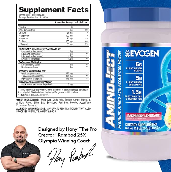 Evogen AminoJect - Premium BCAA Powder & EAA Recovery Formula with Electrolytes | Amino Acids Supplement for Muscle Growth, Hydration, & Recovery | Raspberry Lemonade | 30 Servings