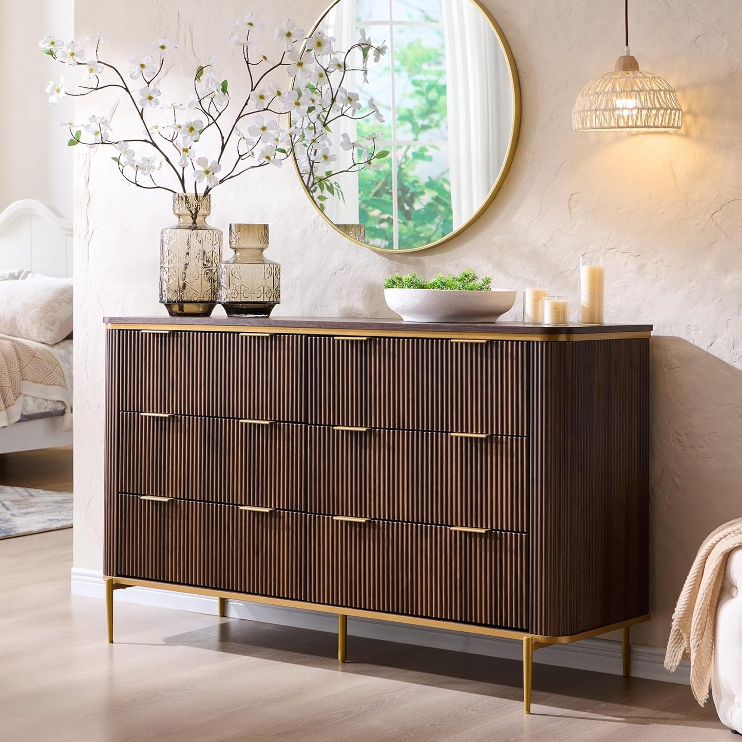 T4TREAM Fluted 6 Drawers Dresser for Bedroom, 54" Wide Modern Dresser TV Stand, Gold Accents, Fluted Fronts, Wood Storage Dressers Organizer for Bedroom, Living Room, (Dark Walnut)