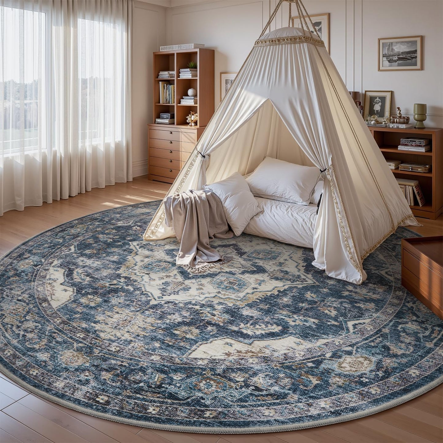 AMOAMI-6FT Round Rug-Rugs for Living Room-Vintage Soft Blue Rugs for Bedroom-Non Slip Circle Rug-Machine Washable Rug for Dining Room Living Room Bedroom Office Under Table