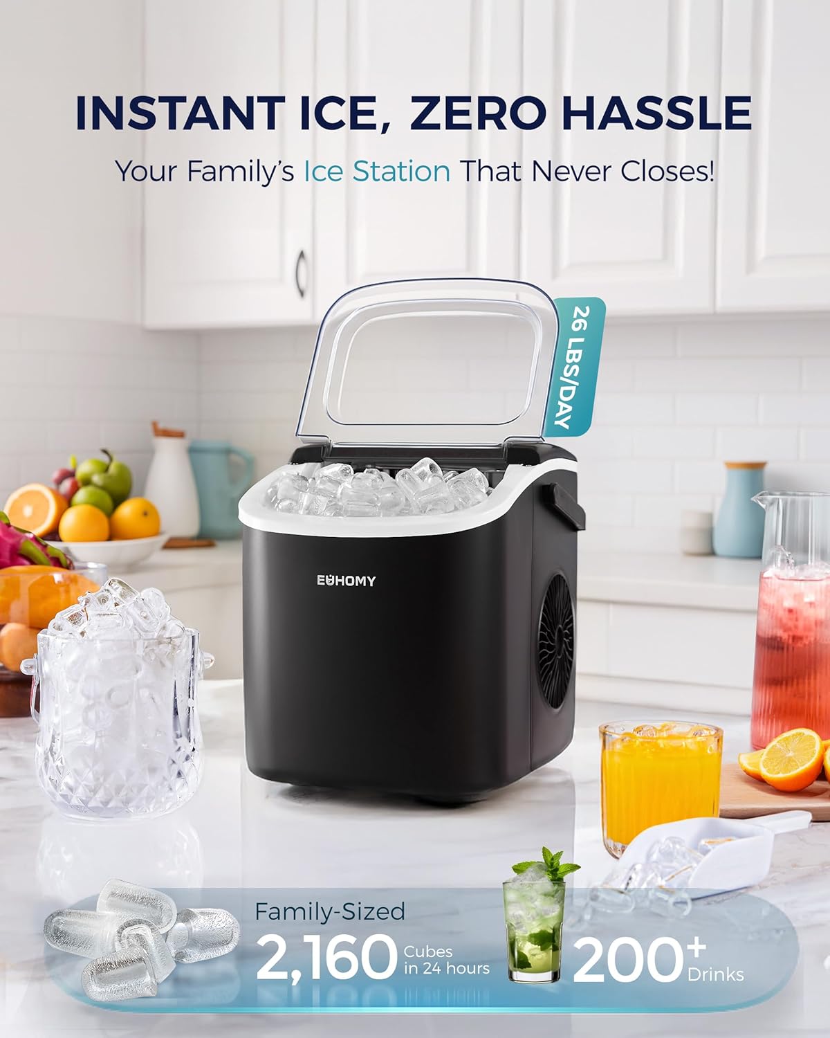 EUHOMY Countertop Ice Maker Machine with Handle, 26lbs in 24Hrs, 9 Ice Cubes Ready in 6 Mins, Auto-Cleaning Portable Ice Maker with Basket and Scoop, for Home/Kitchen/Camping/RV. (Black)