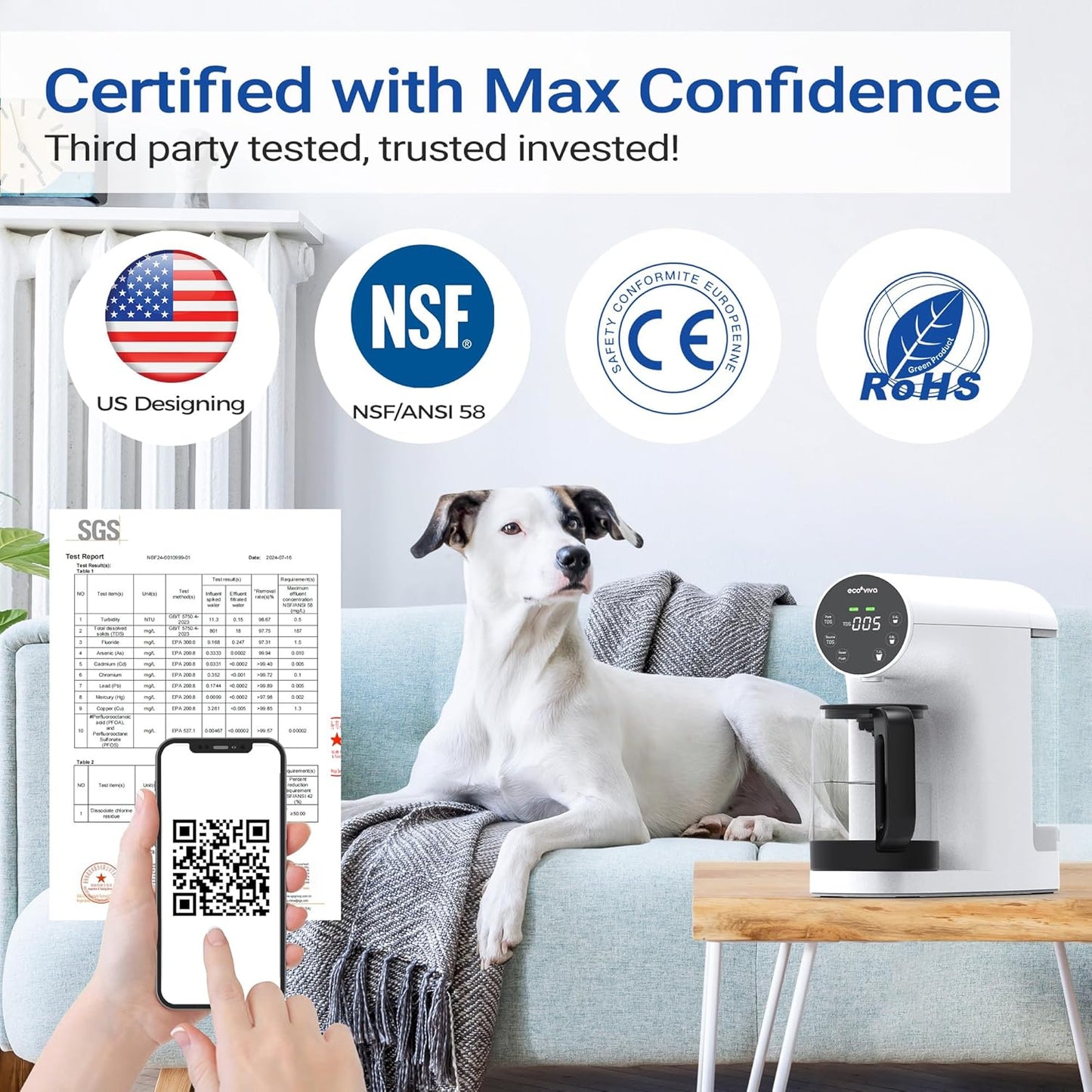 Ecoviva Countertop Reverse Osmosis Water Filtration System, Portable RO Water Filter Purifier with 5 Stage Filtration, 3:1 Pure to Drain, TDS Monitor, Faster Delivery Flow, Plug and Use - White