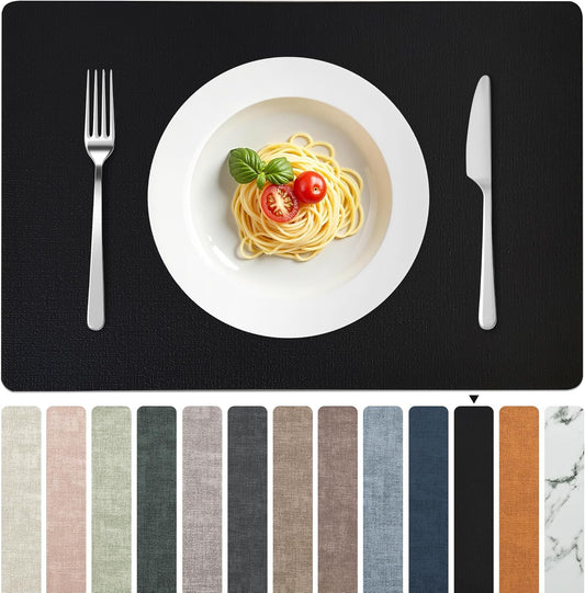 FROMHEART Faux Leather Placemats Set of 12–Waterproof,Heat/Oil Stain-Resistant PU Table Mat–Reversible,Non-Slip,Easy to Clean Place Mats for Kitchen,Dining,Indoor/Outdoor,(Black,11.8" x 17")