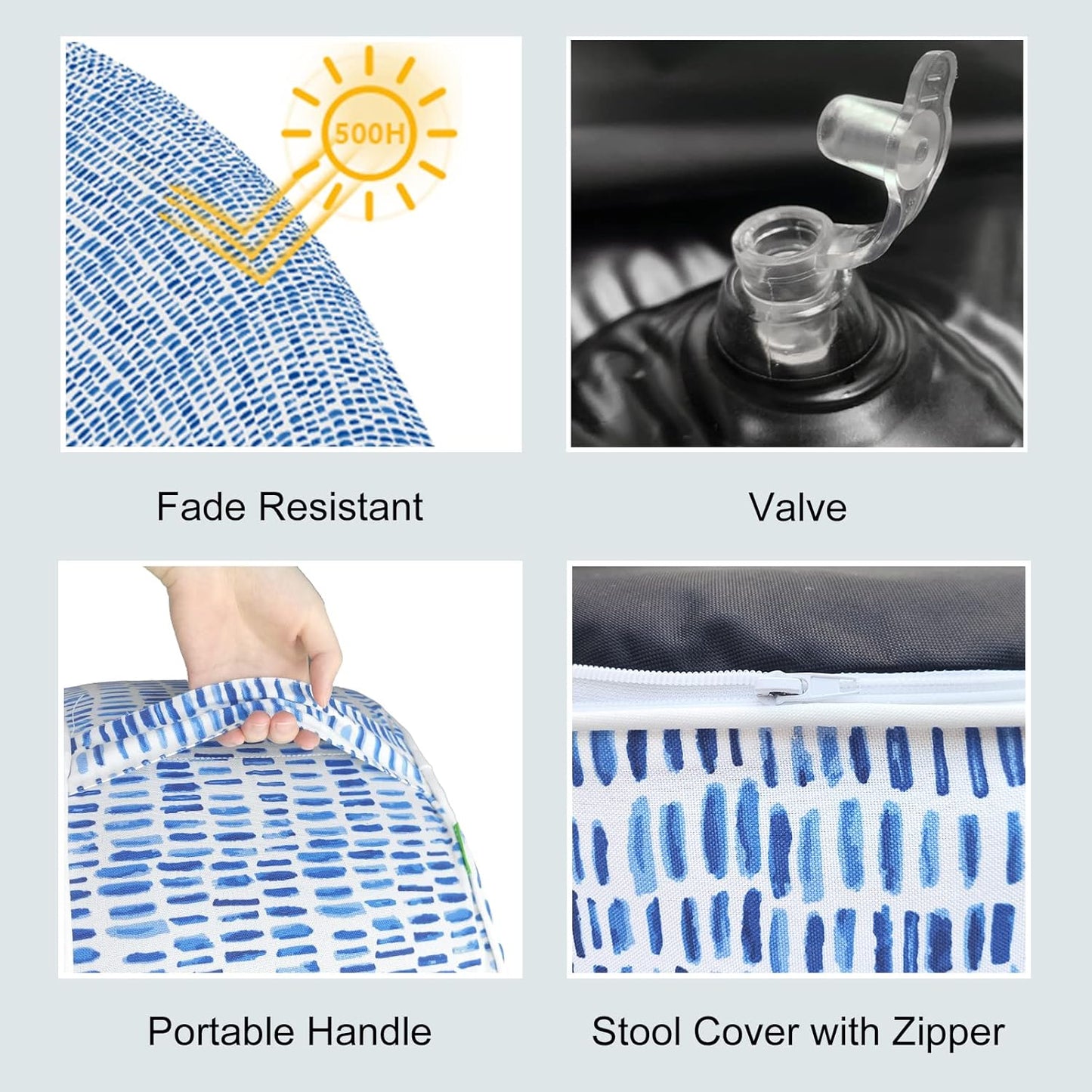 LVTXIII Outdoor Inflatable Ottoman Stool, Patio Water Repellent Footrest Stool with Handle, Portable Outside Round Ottoman for Patio Garden, Camping or Home Use, 21"x21"x9", Blue Pebble