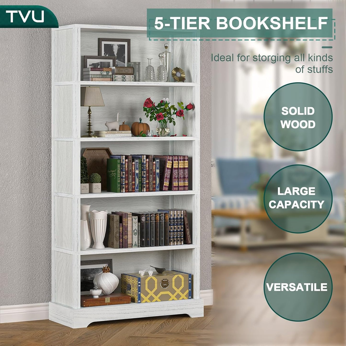 TVU 5-Shelf Wood Bookcase, 65 Inch Tall Bookshelf with Storage, Floor Standing Display Book Shelf，for Living Room Bedroom Study Office，Antique White