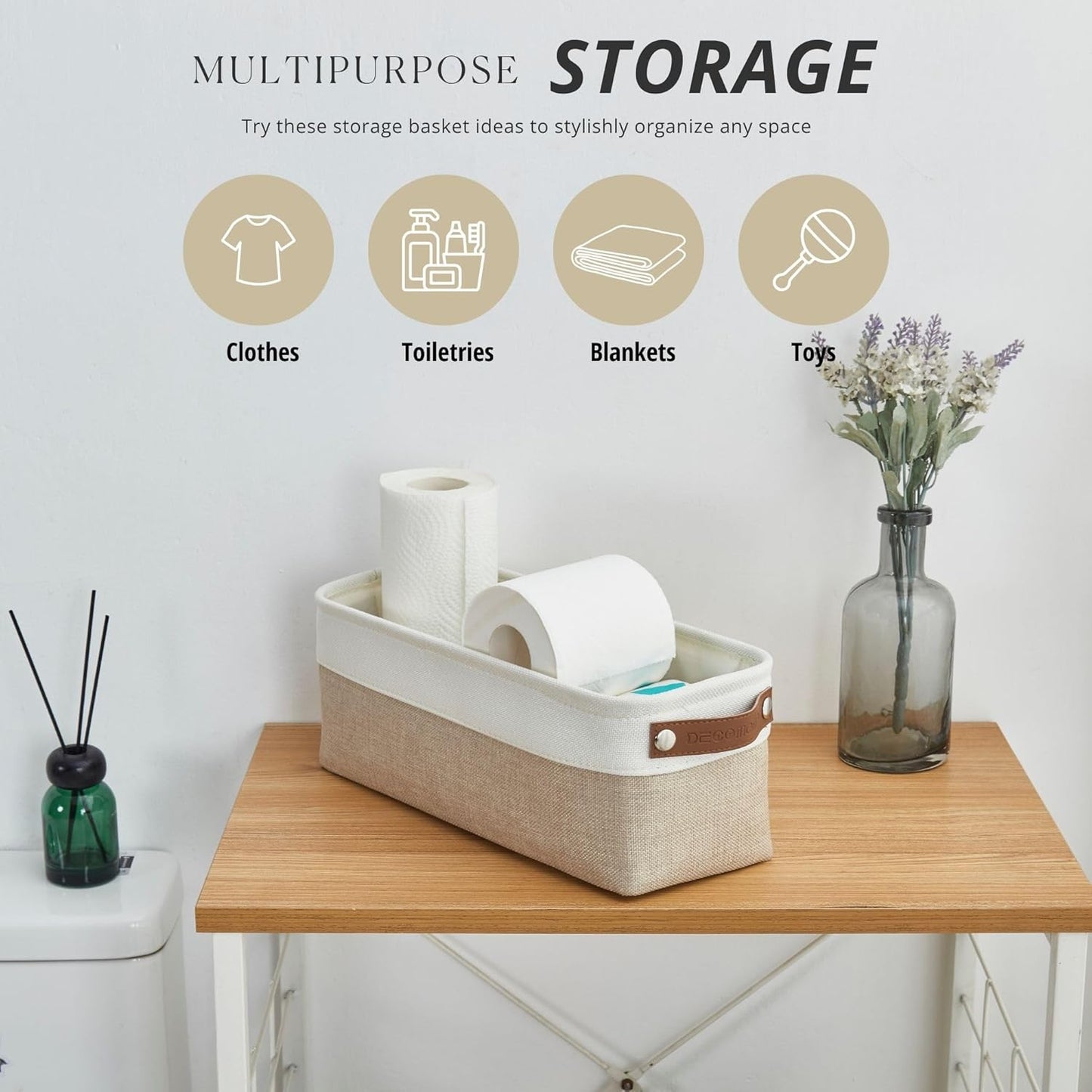 DECOMOMO Narrow Storage Bins Small Baskets for Organizing Bathroom, Toilet Tank, Towel Storage, Entryway, Gifts (Beige and White - Set of 4)