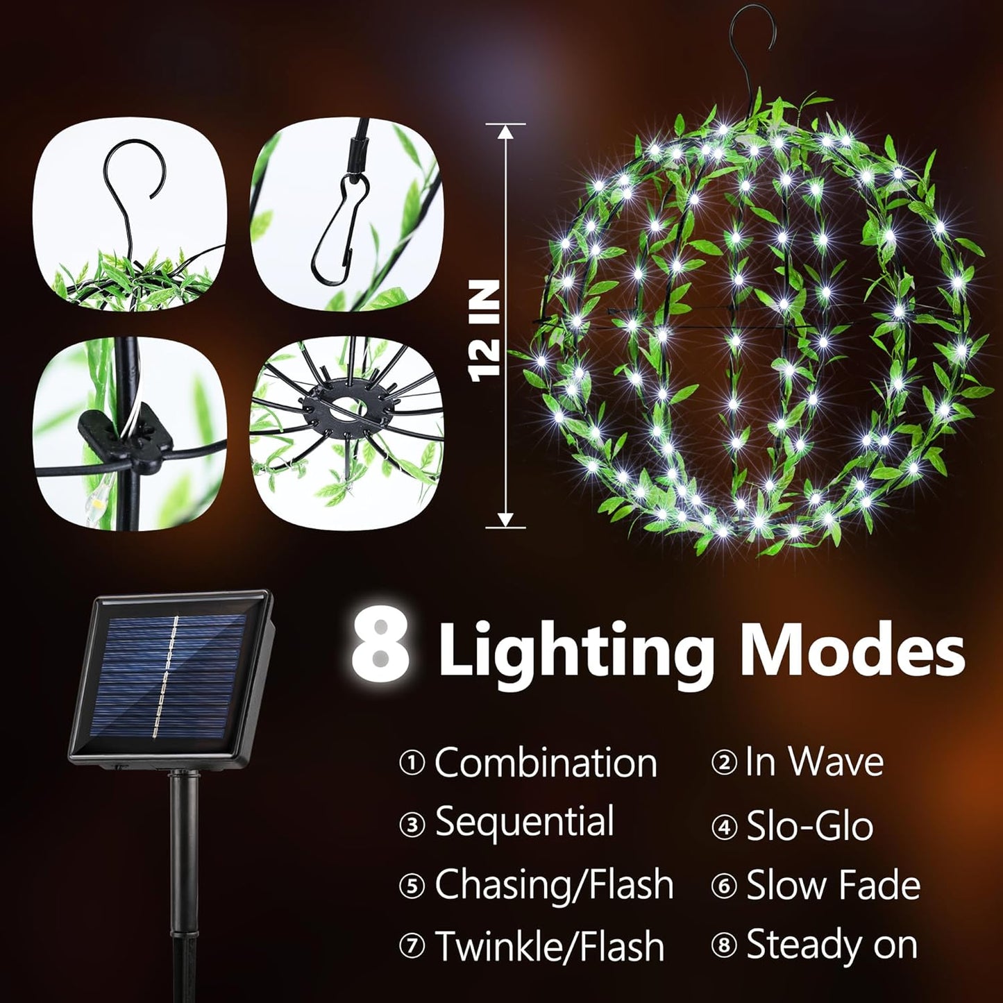 Solar Powered Hanging Iron Sphere Lights with Artificial Greenery – 12Inch 120 LED Waterproof Outdoor Decor Ball Light with Timer & 8 Modes – 2 Pack for Garden, Christmas, Weddings (Cool White)