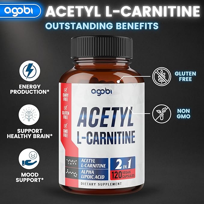 agobi Acetyl L-Carnitine & Alpha Lipoic Acid Complex 1500mg - Supplement for Brain Health, Memory, Focus & Mood Support - 120 Vegan Capsules for 2 Month Supply - Gluten-Free, Non-GMO