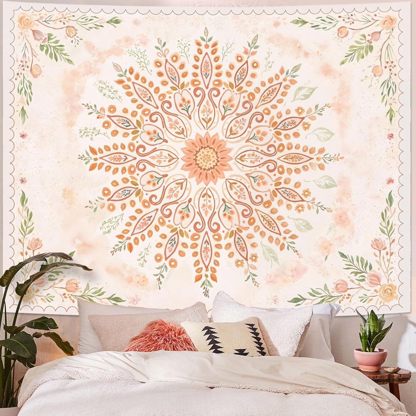 Lunerfex Floral Mandala Tapestry Boho Tapestry for Bedroom Peach Tapestries Wall Hanging Living Room Wall Art and Home Decor 70x90